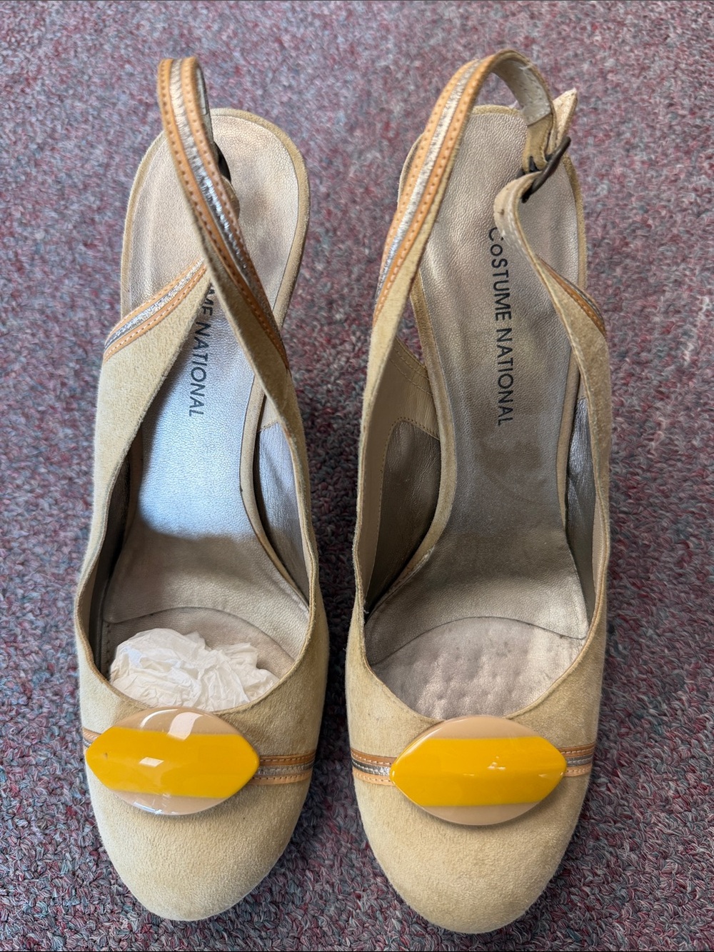 CNC Costume National Tan Suede Slingback Pumps with Yellow Accent